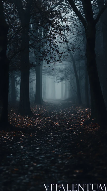Misty Forest Path Through Towering Trees.