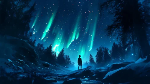 Lone traveler watches emerald aurora over winter forest night.