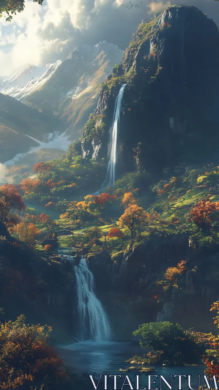 Autumnal alpine valley with dual cascading waterfalls at dusk