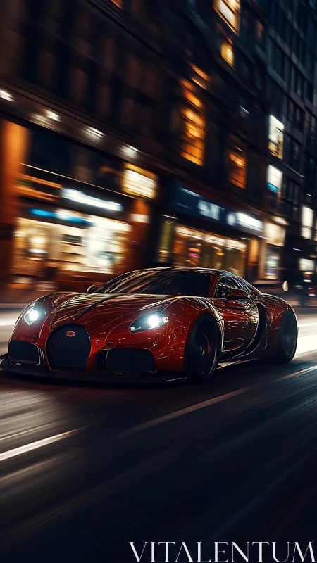 Red hypercar cuts through blurred night city streets