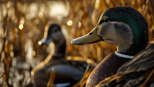 Male mallard ducks resting in golden marsh light at dusk.