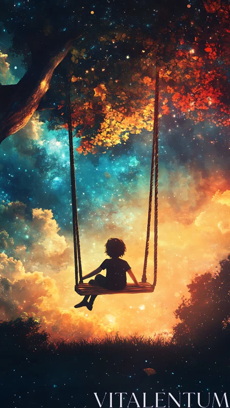 Silhouette child on swing under tree against star sky.