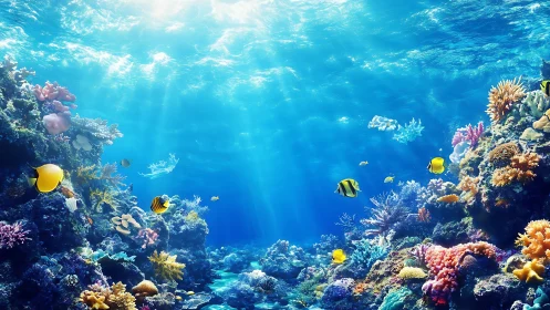Sunlit coral reef teems with tropical fish in vivid colors.