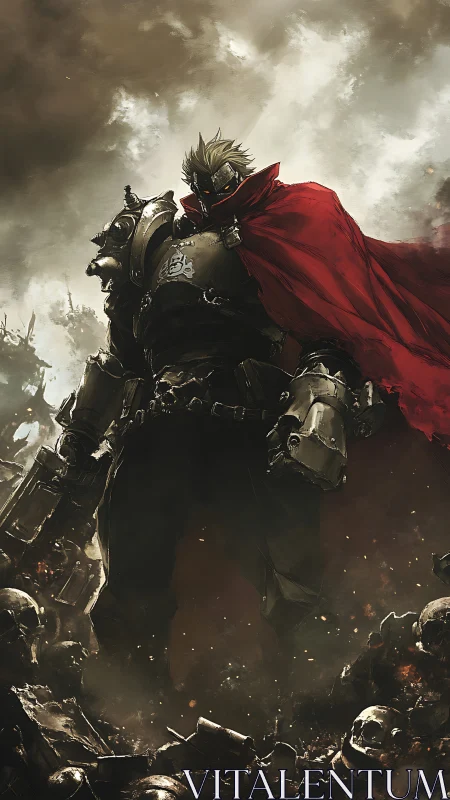 Armored warlord in red cloak dominates skull-littered battlefield