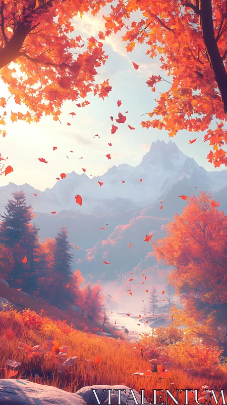 Autumn valley glows beneath snowcapped mountain sunrise.