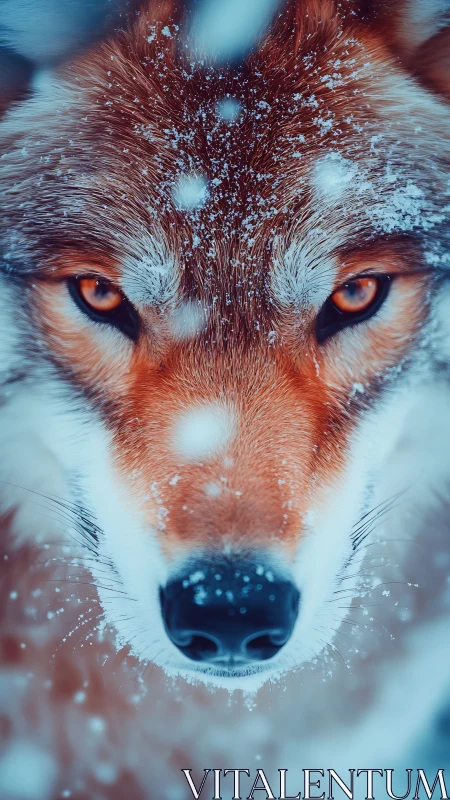 Close frontal view records snow-dusted canid face in detail