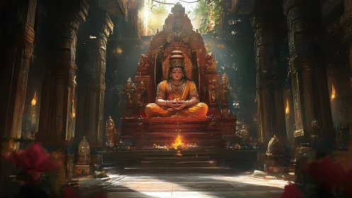 Sun-drenched temple deity in ember-gilded stillness.