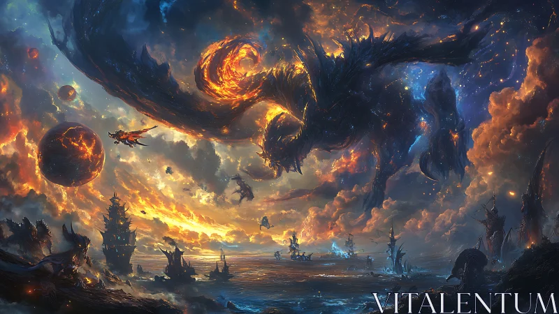 Cosmic dragon storm over burning celestial armada.