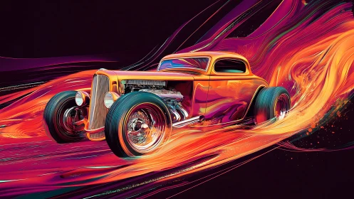 Hot rod coupe in vivid abstract motion trail artwork.
