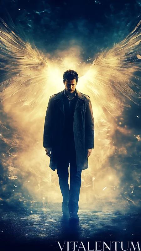 Male figure with luminous wings in dark atmospheric space.