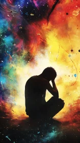 Silhouetted figure in nebular chromatic turbulence field.