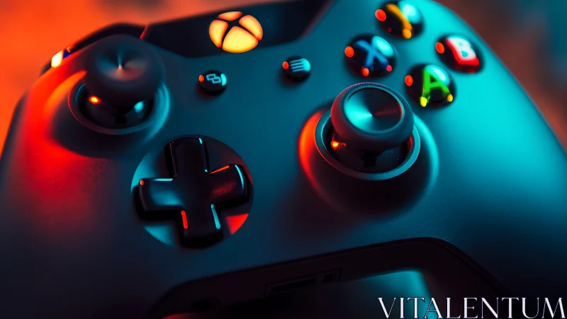 Gaming controller bathed in vibrant neon lighting effects.