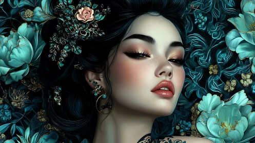 Ornate floral portrait shows elegant woman framed by teal blooms