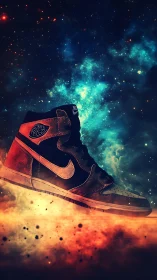 Cosmic high-top sneaker blazing through neon starfields.