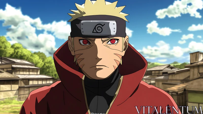 Blond ninja subject with red ocular focus in village setting.