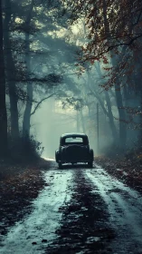 Vintage sedan on misty forest track with diffused dawn light