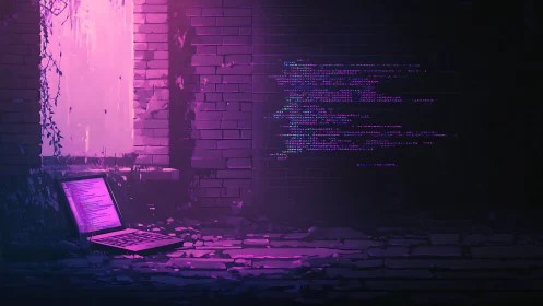 Abandoned laptop casting neon code across derelict wall.