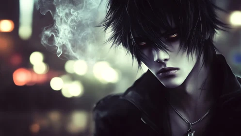 Moody anime portrait with smoky bokeh urban backdrop design.