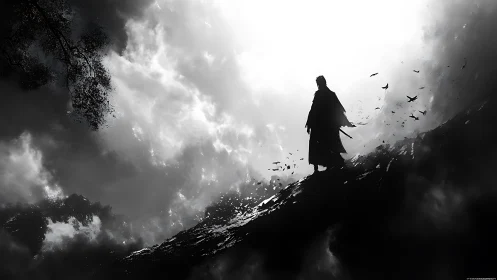 Silhouetted wanderer on storm-swept ridge in monochrome light.