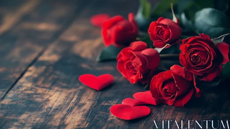 Red Roses with Heart Petals on Rustic Wood.