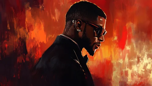 Digital side-profile portrait depicts suited man in red field