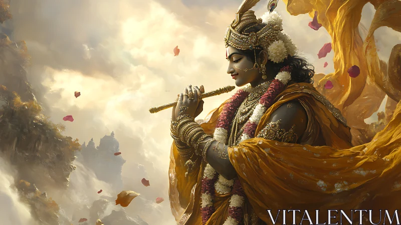 Serene flute player in golden robes amid drifting petals.