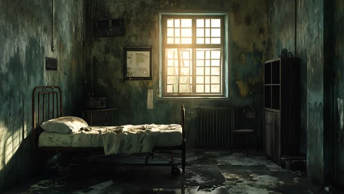 Soft morning light gently brightens an abandoned bedroom