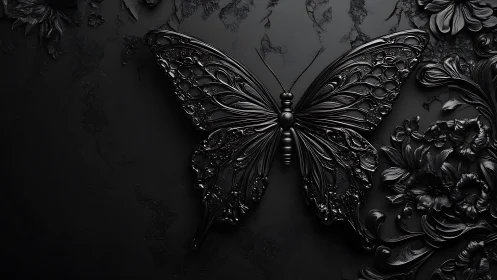 Black sculpted butterfly on dark floral embossed background.