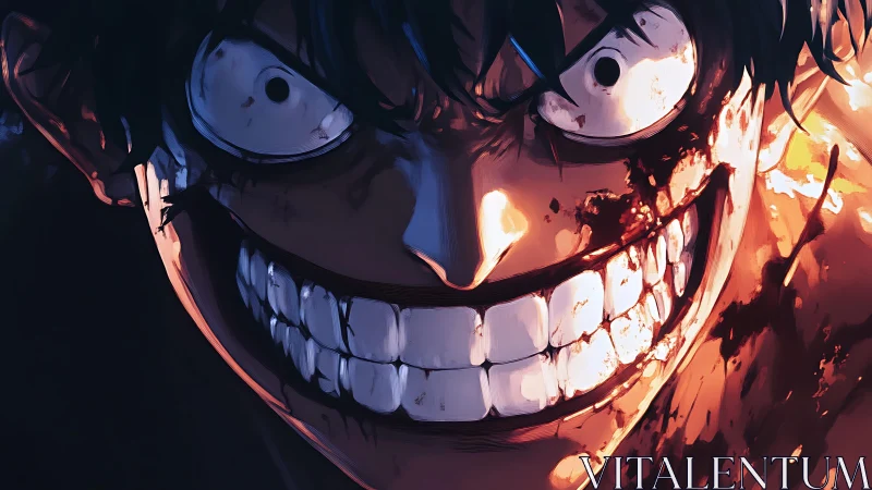 Battle-scarred anime fighter grins through blazing chaos.