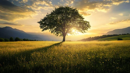 Solitary tree in golden meadow at dramatic sunset light.