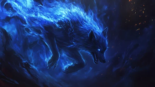 Spectral cobalt wolf streaking through midnight embers.