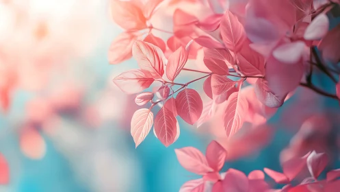 Coral pink leaves glow against soft teal bokeh background.