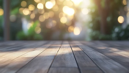 Outdoor wooden deck surface with blurred garden lights.