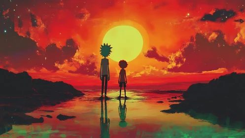 Twin silhouettes greet a molten neon sunset at low tide.