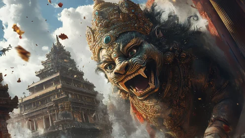 Mythic lion-headed guardian before ornate temple complex.