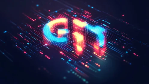 GIY text rendered as neon 3D blocks on circuit board.