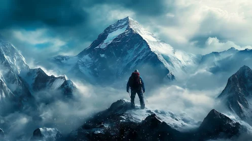 Solitary alpinist overlooking glaciated summit in storm light