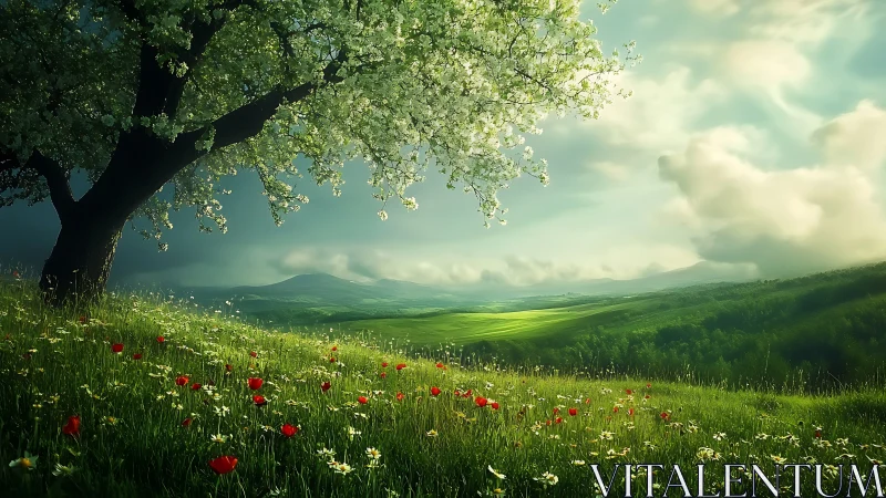 Sunlit spring meadow under a gentle flowering tree.