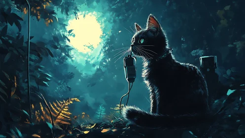 Black Cat in Neon Forest Gazing Skyward.