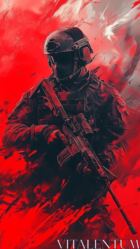 Armored assault soldier rendered in high-contrast red digital painting