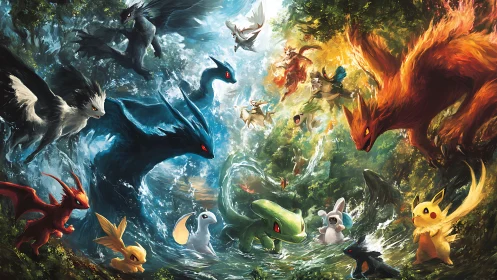 Elemental creature clash across storm and forest divide.