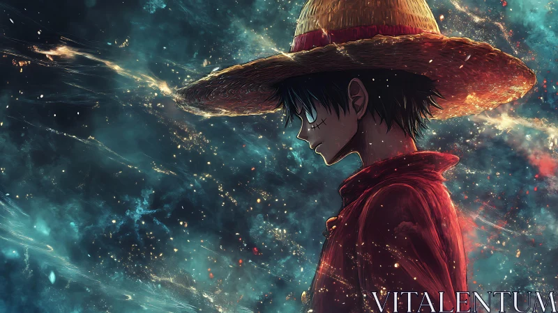 Starlit straw-hatted drifter slices through a cosmic gale