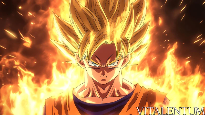 Spiky haired anime fighter stands in intense surrounding flames
