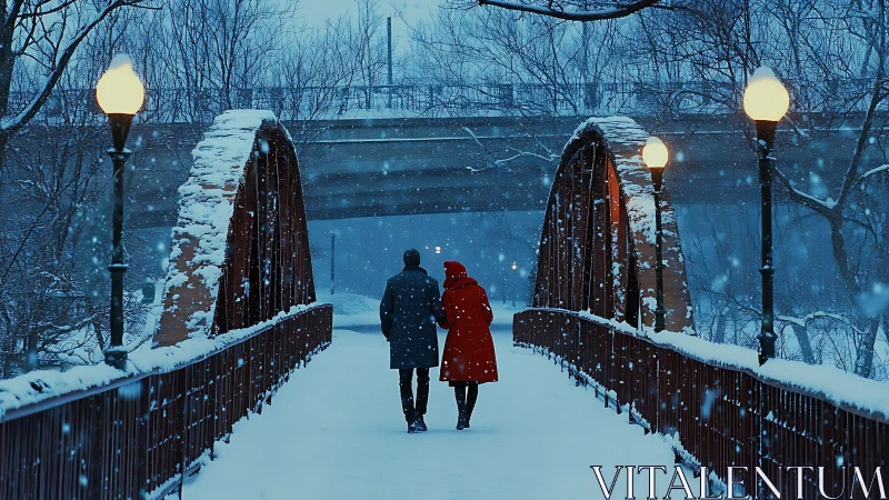 Two souls traverse an enchanted winter crossing at twilight.