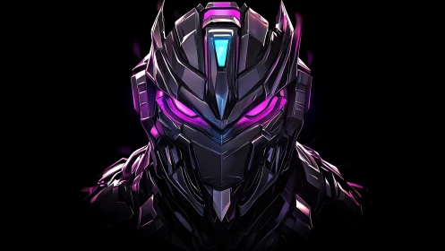 Cybernetic warrior portrait with neon visor and glow.