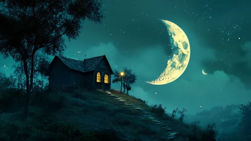 Moonlit hillside cottage under a storybook emerald sky.