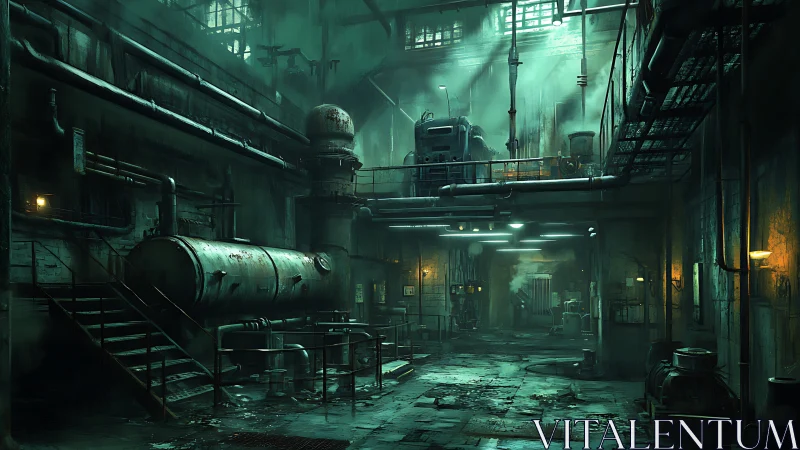 Abandoned industrial boiler hall with corroded pipelines lit teal