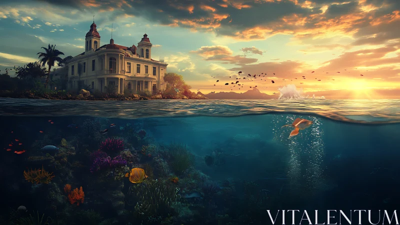 Coastal mansion above tropical reef at sunset seascape overview.