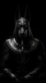 Regal jackal-headed deity in obsidian ceremonial armor.