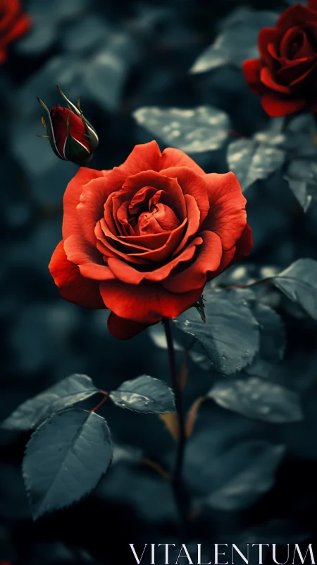 Red Rose Bloom with Bud Against Teal Foliage.